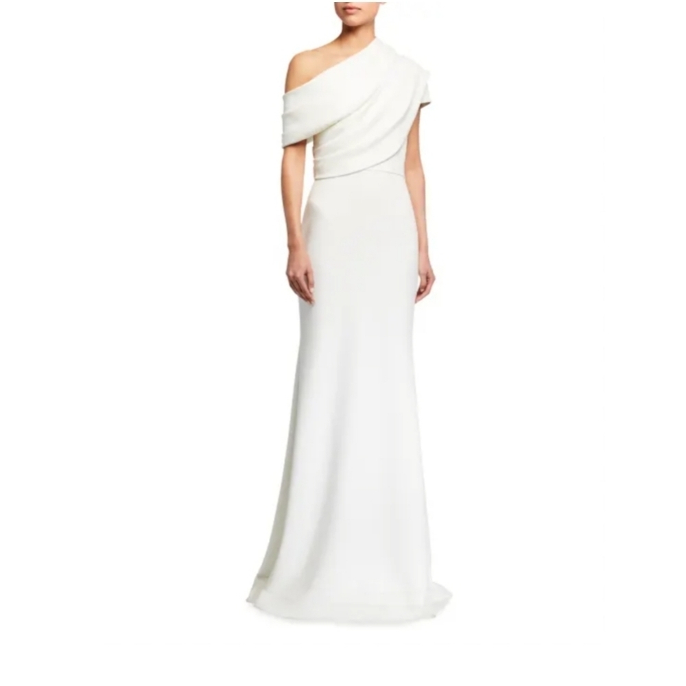 Badgley Mishcka One-Shoulder Asymmetric Sleeve Crepe Gown size 10 NEW
